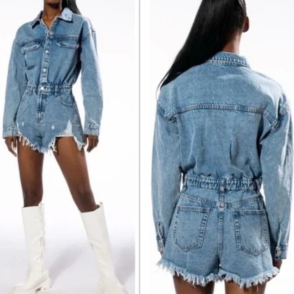 Denim Button-Front Distressed Romper - Light Blue